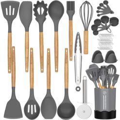 Gray Silicone Utensil Set with Wooden Handle Footek 27Pcs Kitchen Cooking Utensils Set Non-Stick Heat Resistant Kitchen Gadgets Set for Cookware
