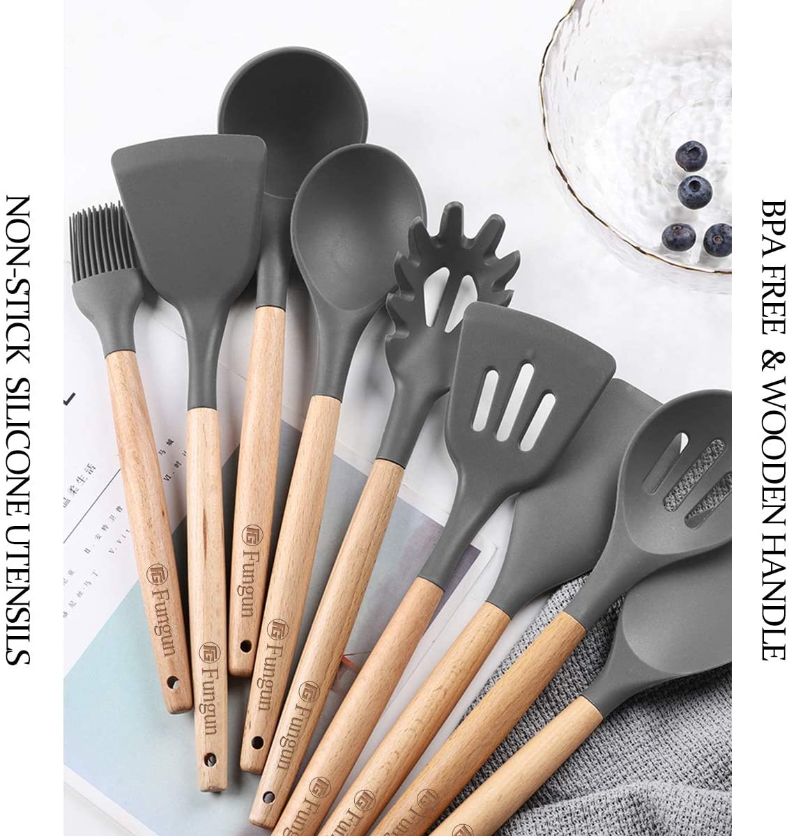 Wooden Handles Heat Resistant & BPA Free & Non-Toxic Kitchen Utensils Spatula Set with Holder Best Kitchen Gadgets Tools for Cookware 34 PCS Silicone Cooking Utensils Set Gray