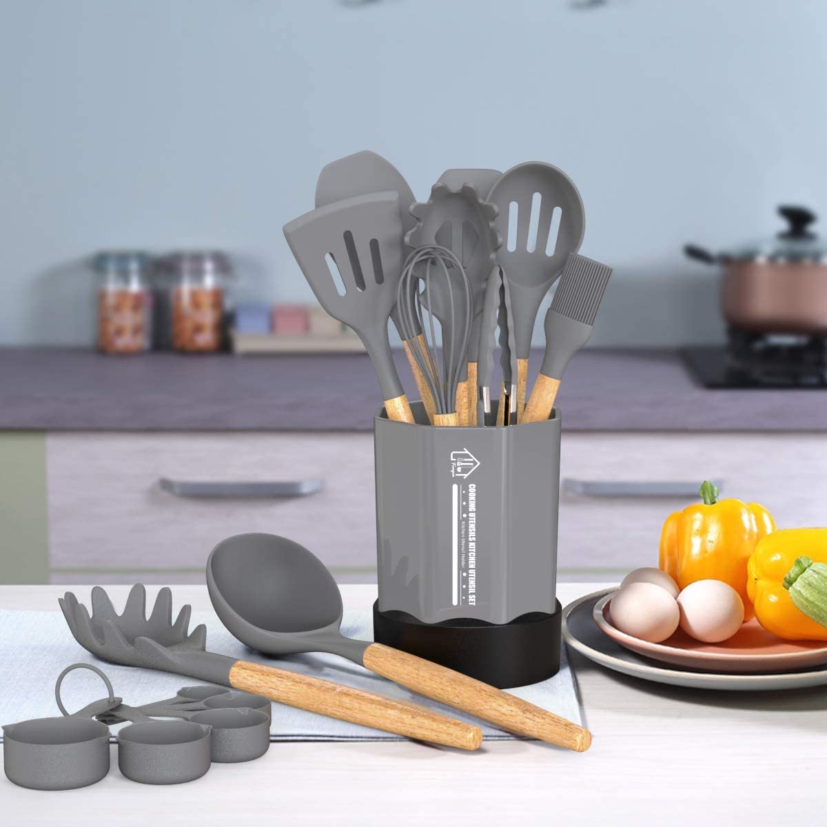 Gray Silicone Utensil Set with Wooden Handle Footek 27Pcs Kitchen Cooking Utensils Set Non-Stick Heat Resistant Kitchen Gadgets Set for Cookware